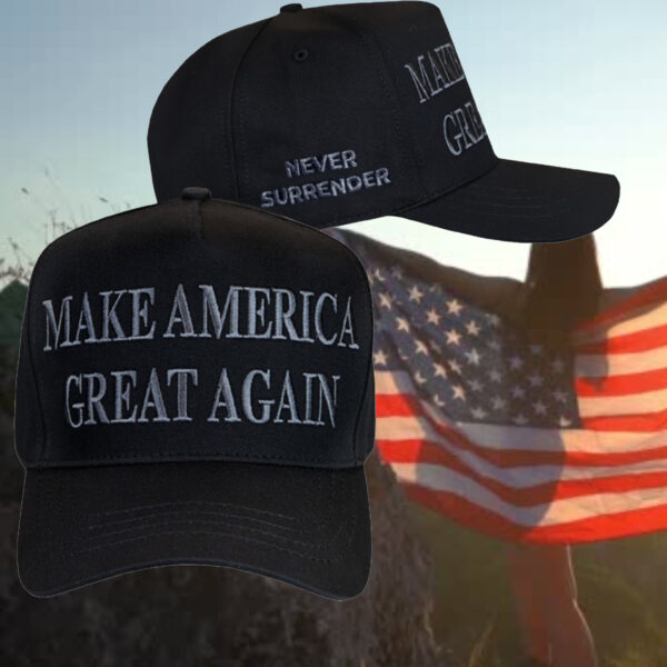 Never Surrender Black MAGA Dad Hat1