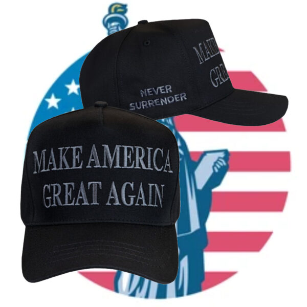 Trump Never Surrender Black MAGA Retro Trucker Hat1